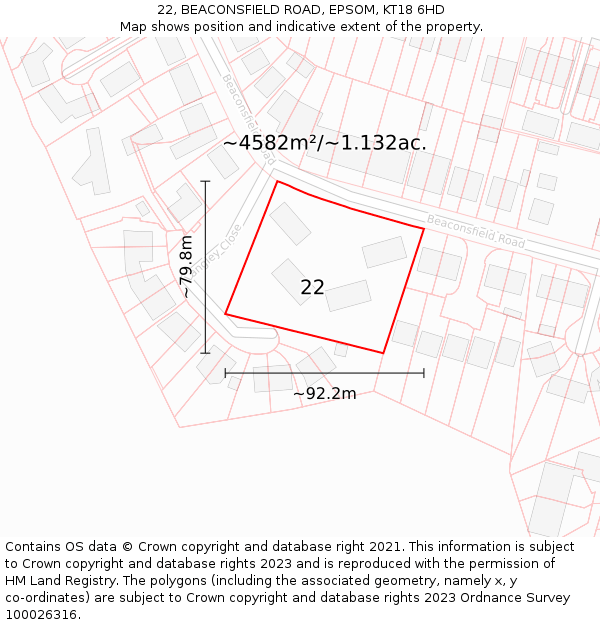 22, BEACONSFIELD ROAD, EPSOM, KT18 6HD: Plot and title map