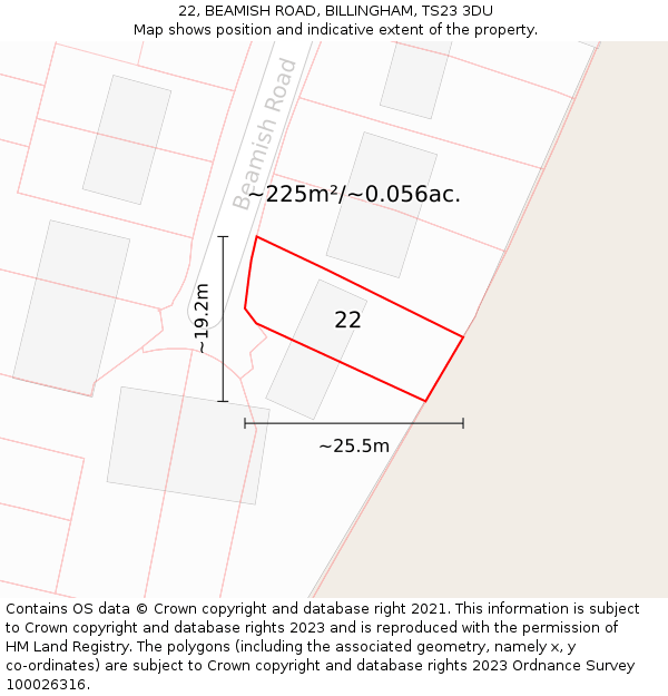 22, BEAMISH ROAD, BILLINGHAM, TS23 3DU: Plot and title map
