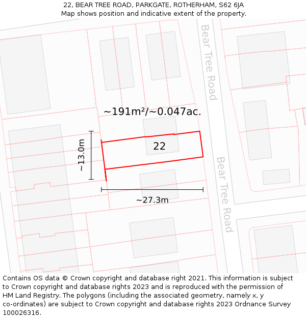 22, BEAR TREE ROAD, PARKGATE, ROTHERHAM, S62 6JA: Plot and title map