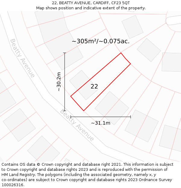 22, BEATTY AVENUE, CARDIFF, CF23 5QT: Plot and title map