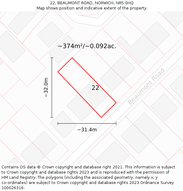 22, BEAUMONT ROAD, NORWICH, NR5 0HQ: Plot and title map