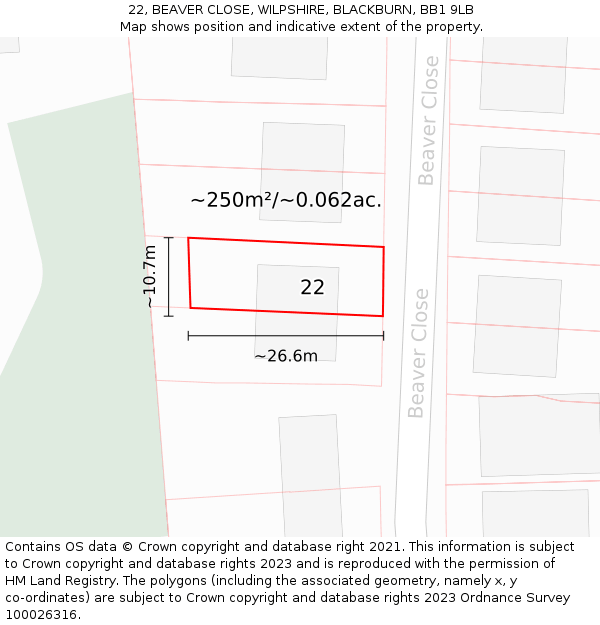 22, BEAVER CLOSE, WILPSHIRE, BLACKBURN, BB1 9LB: Plot and title map