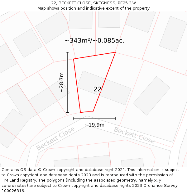 22, BECKETT CLOSE, SKEGNESS, PE25 3JW: Plot and title map
