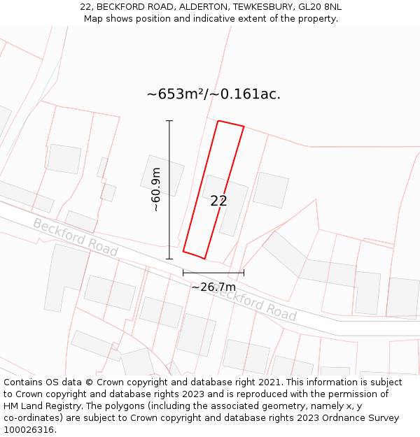 22, BECKFORD ROAD, ALDERTON, TEWKESBURY, GL20 8NL: Plot and title map