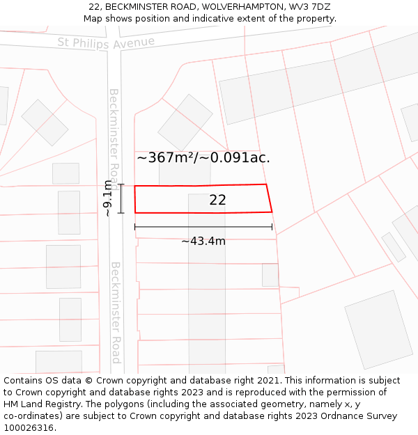 22, BECKMINSTER ROAD, WOLVERHAMPTON, WV3 7DZ: Plot and title map