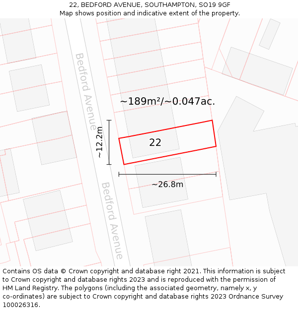 22, BEDFORD AVENUE, SOUTHAMPTON, SO19 9GF: Plot and title map