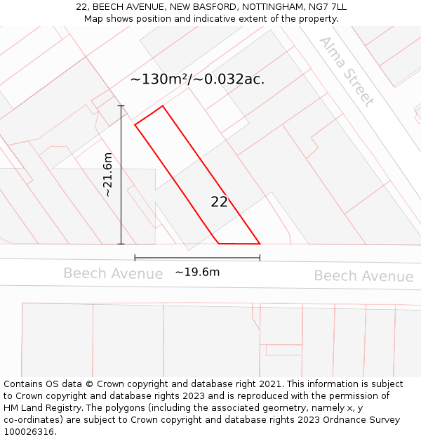 22, BEECH AVENUE, NEW BASFORD, NOTTINGHAM, NG7 7LL: Plot and title map