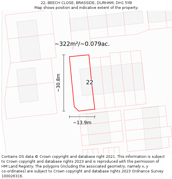 22, BEECH CLOSE, BRASSIDE, DURHAM, DH1 5YB: Plot and title map