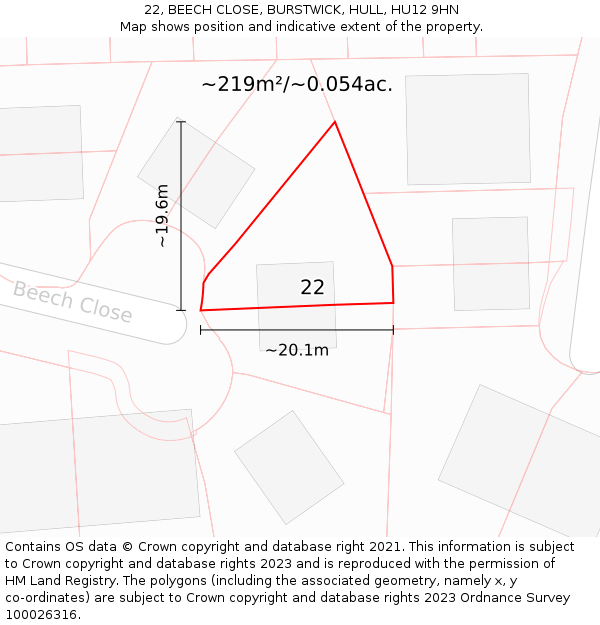 22, BEECH CLOSE, BURSTWICK, HULL, HU12 9HN: Plot and title map