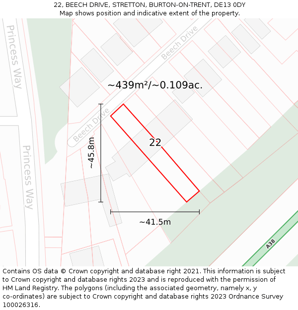 22, BEECH DRIVE, STRETTON, BURTON-ON-TRENT, DE13 0DY: Plot and title map
