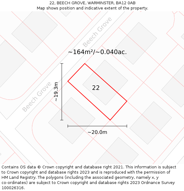 22, BEECH GROVE, WARMINSTER, BA12 0AB: Plot and title map