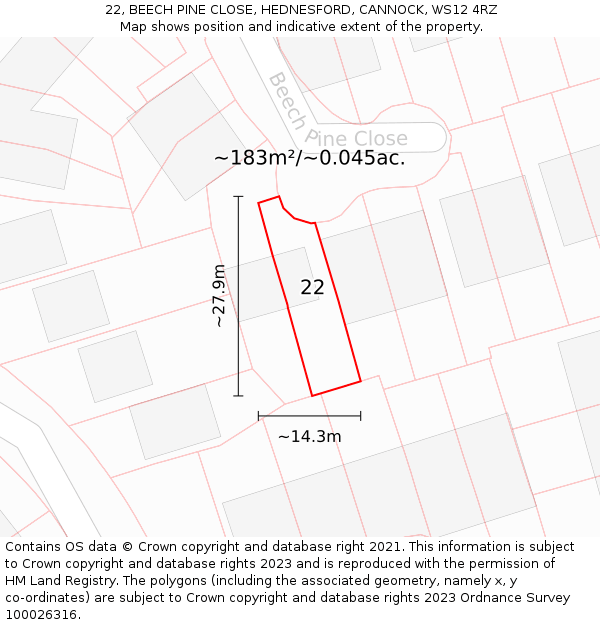 22, BEECH PINE CLOSE, HEDNESFORD, CANNOCK, WS12 4RZ: Plot and title map