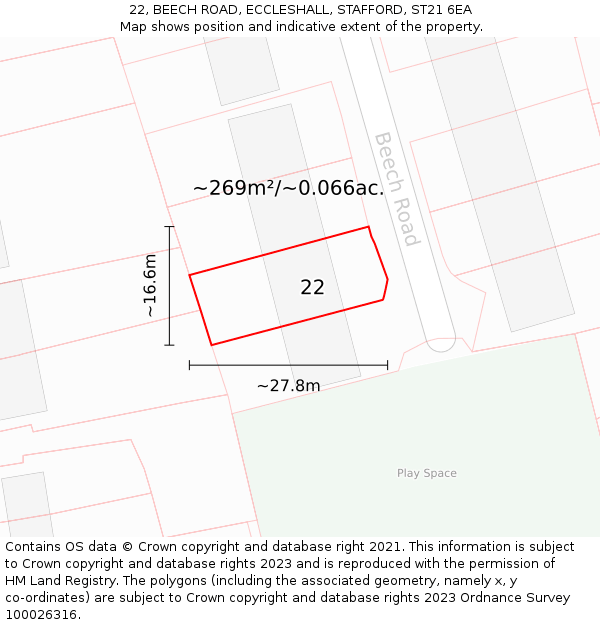 22, BEECH ROAD, ECCLESHALL, STAFFORD, ST21 6EA: Plot and title map