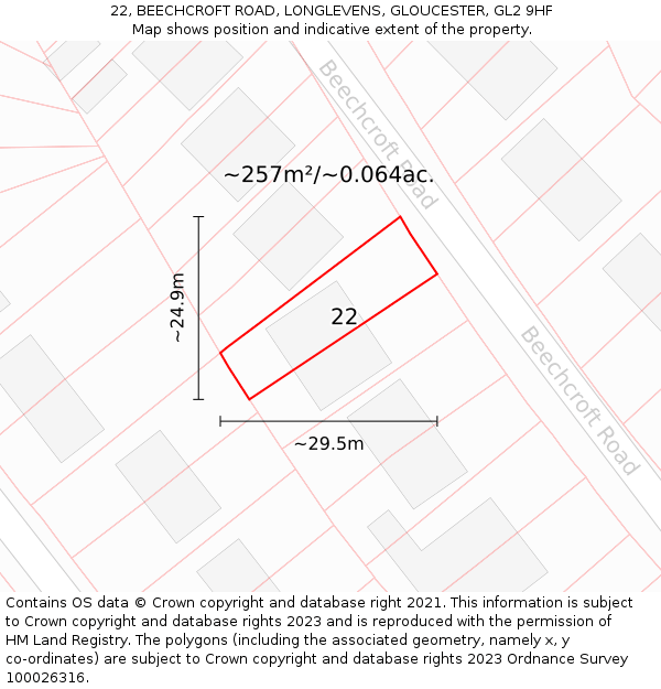 22, BEECHCROFT ROAD, LONGLEVENS, GLOUCESTER, GL2 9HF: Plot and title map