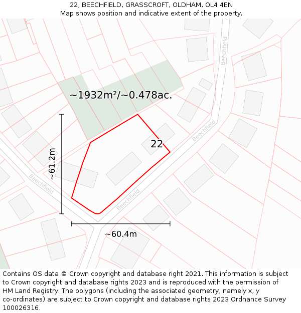 22, BEECHFIELD, GRASSCROFT, OLDHAM, OL4 4EN: Plot and title map