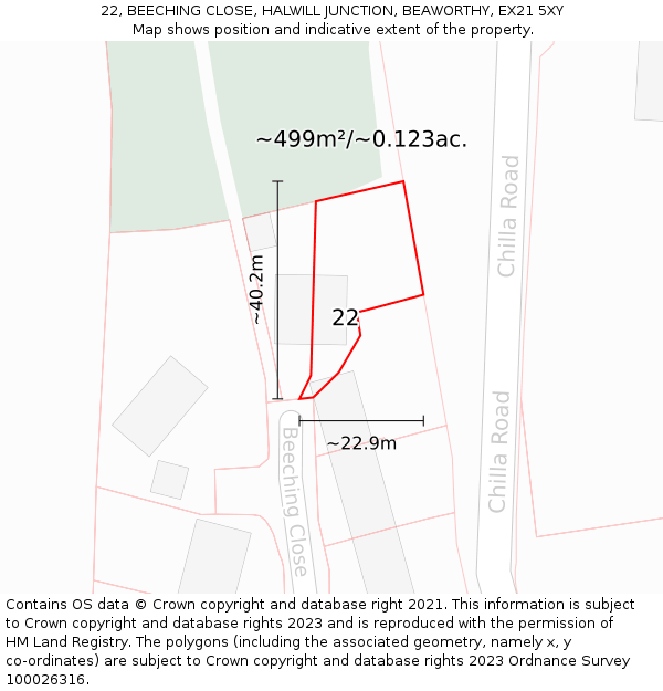 22, BEECHING CLOSE, HALWILL JUNCTION, BEAWORTHY, EX21 5XY: Plot and title map