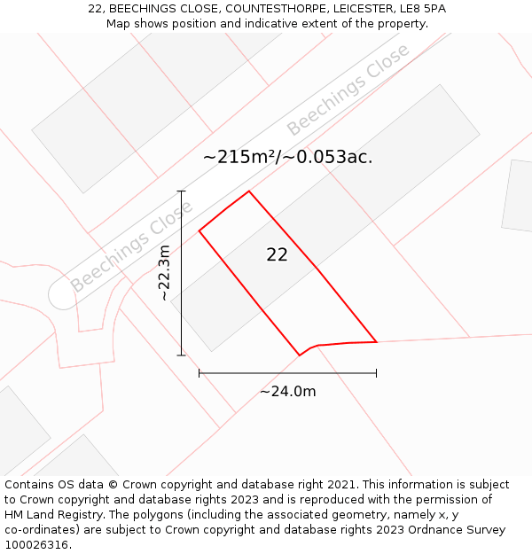 22, BEECHINGS CLOSE, COUNTESTHORPE, LEICESTER, LE8 5PA: Plot and title map