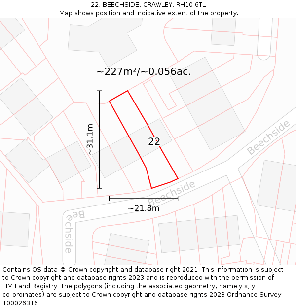 22, BEECHSIDE, CRAWLEY, RH10 6TL: Plot and title map