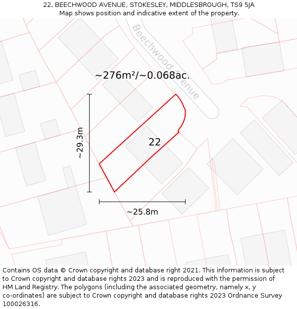 22, BEECHWOOD AVENUE, STOKESLEY, MIDDLESBROUGH, TS9 5JA: Plot and title map