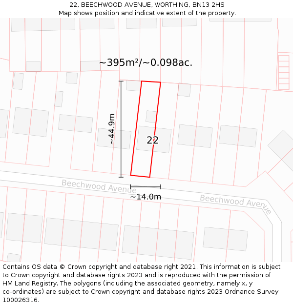 22, BEECHWOOD AVENUE, WORTHING, BN13 2HS: Plot and title map