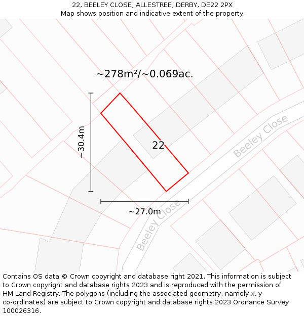 22, BEELEY CLOSE, ALLESTREE, DERBY, DE22 2PX: Plot and title map