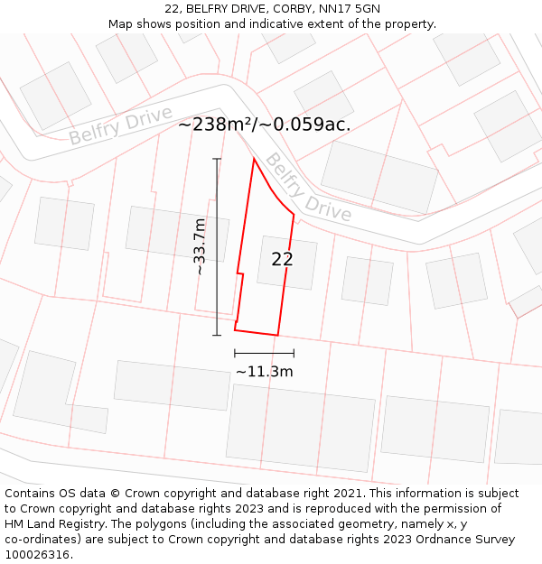 22, BELFRY DRIVE, CORBY, NN17 5GN: Plot and title map
