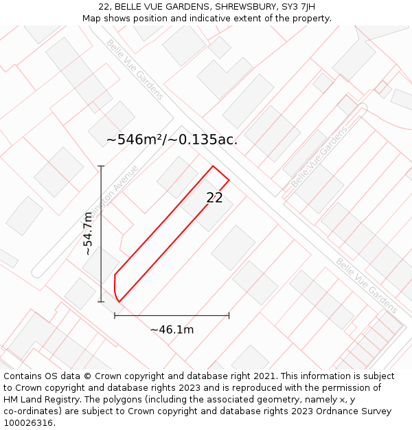 22, BELLE VUE GARDENS, SHREWSBURY, SY3 7JH: Plot and title map