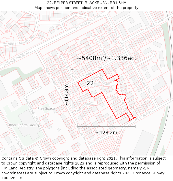 22, BELPER STREET, BLACKBURN, BB1 5HA: Plot and title map
