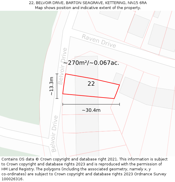 22, BELVOIR DRIVE, BARTON SEAGRAVE, KETTERING, NN15 6RA: Plot and title map