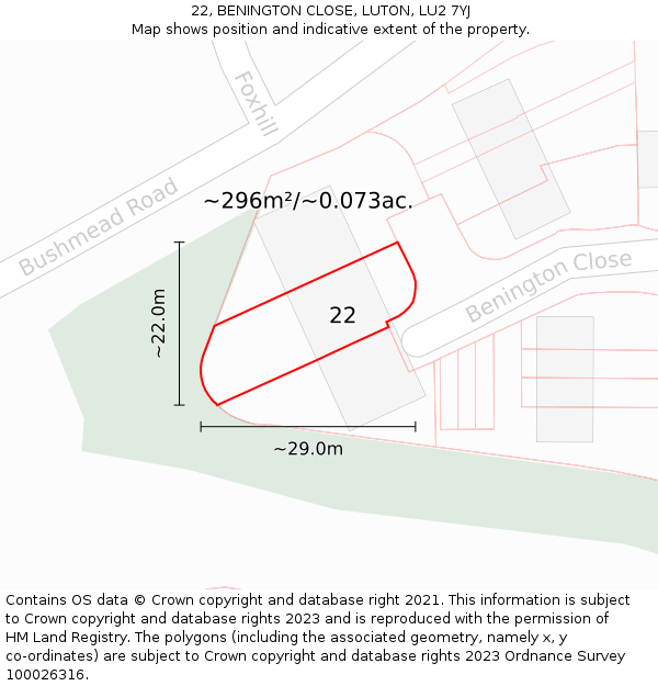 22, BENINGTON CLOSE, LUTON, LU2 7YJ: Plot and title map