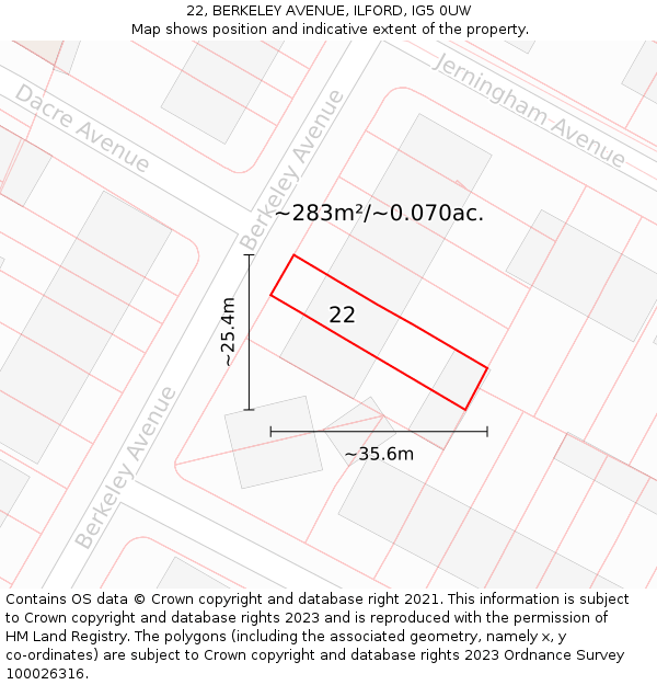 22, BERKELEY AVENUE, ILFORD, IG5 0UW: Plot and title map