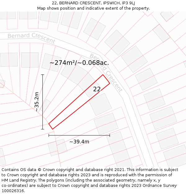 22, BERNARD CRESCENT, IPSWICH, IP3 9LJ: Plot and title map