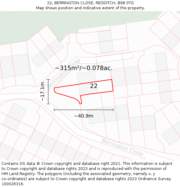 22, BERRINGTON CLOSE, REDDITCH, B98 0TG: Plot and title map