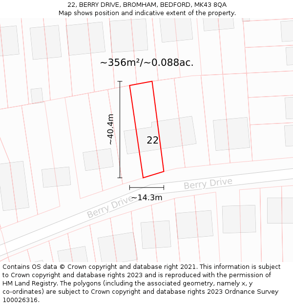 22, BERRY DRIVE, BROMHAM, BEDFORD, MK43 8QA: Plot and title map