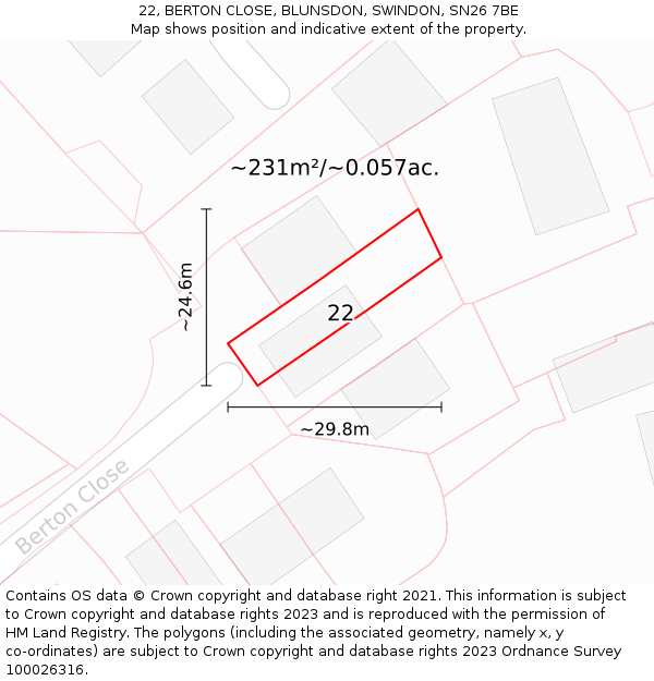 22, BERTON CLOSE, BLUNSDON, SWINDON, SN26 7BE: Plot and title map