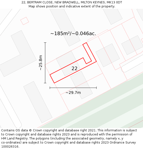 22, BERTRAM CLOSE, NEW BRADWELL, MILTON KEYNES, MK13 0DT: Plot and title map
