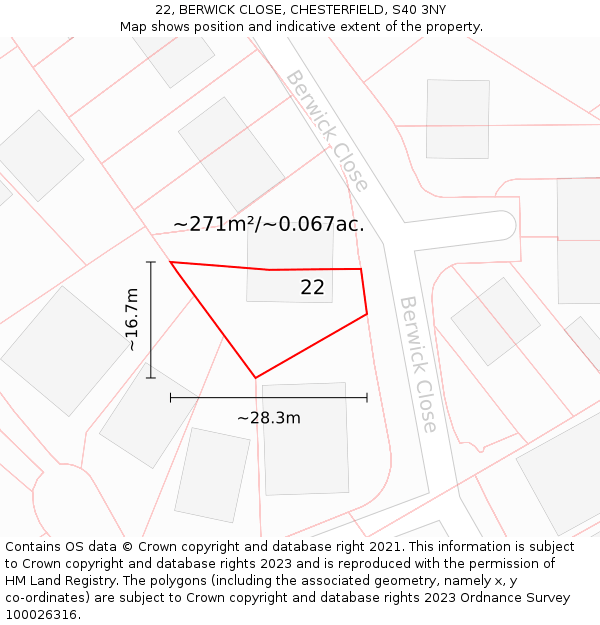 22, BERWICK CLOSE, CHESTERFIELD, S40 3NY: Plot and title map