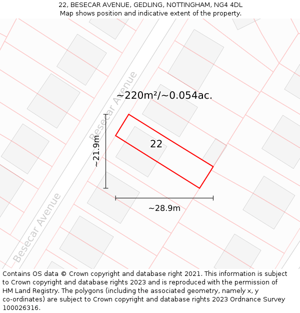 22, BESECAR AVENUE, GEDLING, NOTTINGHAM, NG4 4DL: Plot and title map
