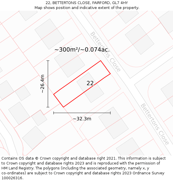 22, BETTERTONS CLOSE, FAIRFORD, GL7 4HY: Plot and title map