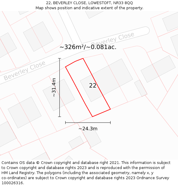 22, BEVERLEY CLOSE, LOWESTOFT, NR33 8QQ: Plot and title map