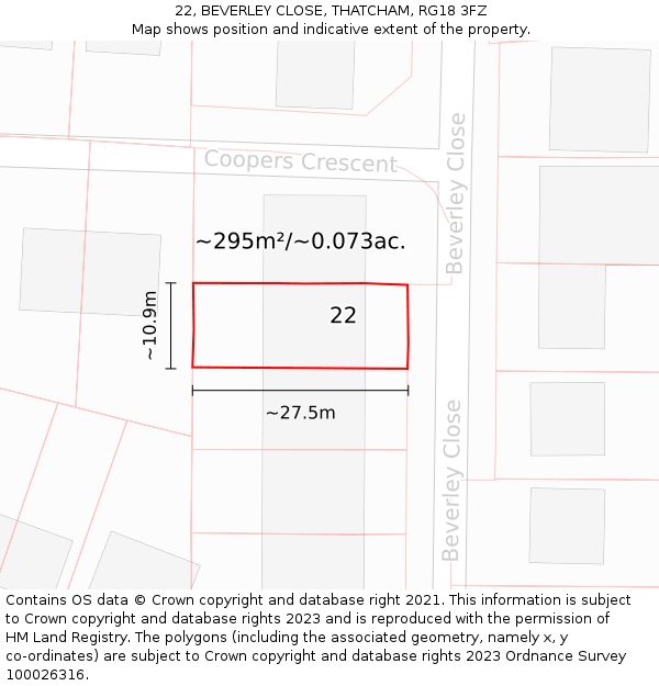 22, BEVERLEY CLOSE, THATCHAM, RG18 3FZ: Plot and title map