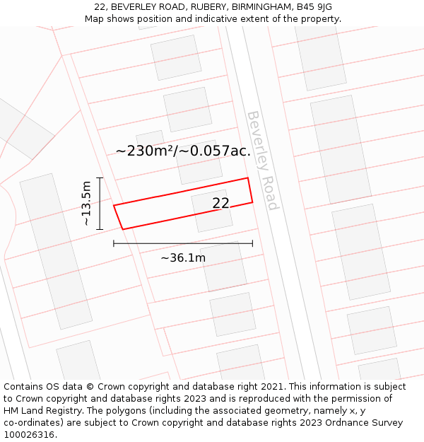 22, BEVERLEY ROAD, RUBERY, BIRMINGHAM, B45 9JG: Plot and title map
