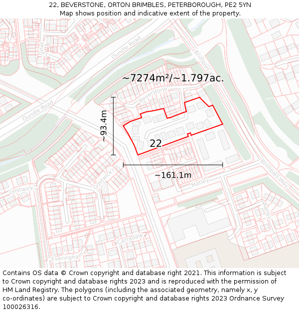 22, BEVERSTONE, ORTON BRIMBLES, PETERBOROUGH, PE2 5YN: Plot and title map