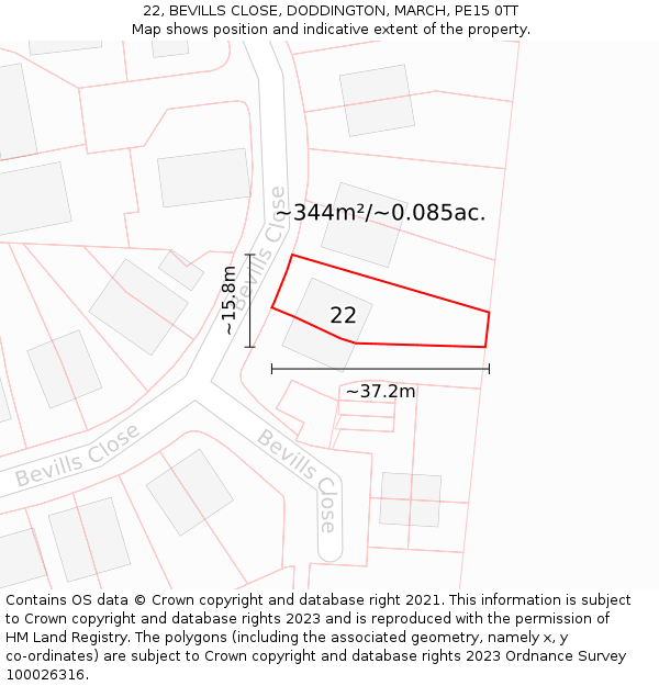 22, BEVILLS CLOSE, DODDINGTON, MARCH, PE15 0TT: Plot and title map