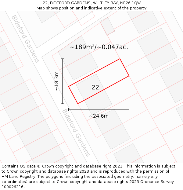 22, BIDEFORD GARDENS, WHITLEY BAY, NE26 1QW: Plot and title map