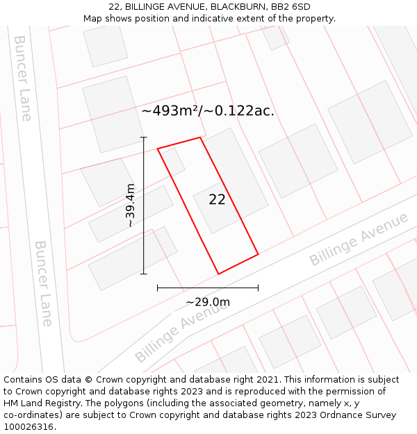 22, BILLINGE AVENUE, BLACKBURN, BB2 6SD: Plot and title map