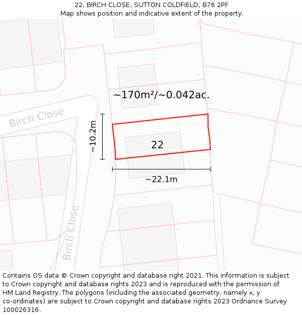 22, BIRCH CLOSE, SUTTON COLDFIELD, B76 2PF: Plot and title map