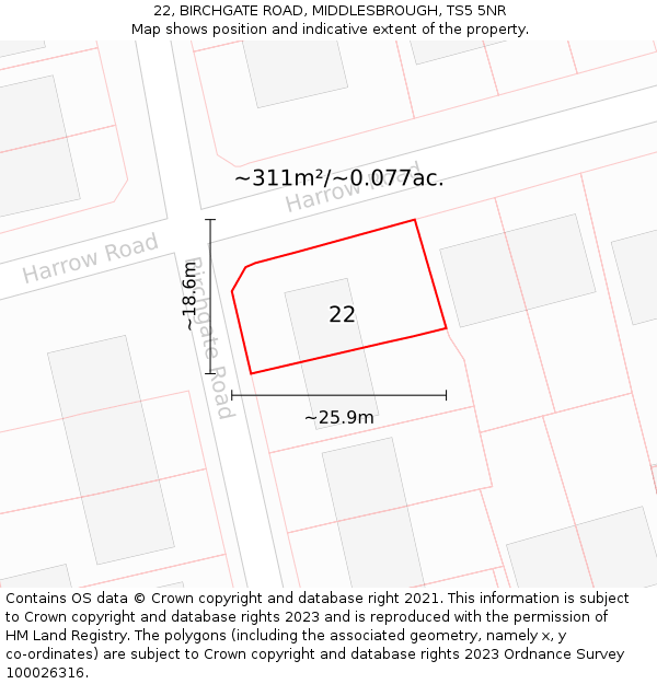 22, BIRCHGATE ROAD, MIDDLESBROUGH, TS5 5NR: Plot and title map