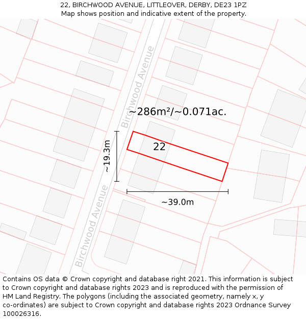 22, BIRCHWOOD AVENUE, LITTLEOVER, DERBY, DE23 1PZ: Plot and title map