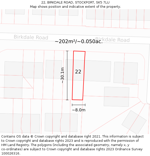 22, BIRKDALE ROAD, STOCKPORT, SK5 7LU: Plot and title map
